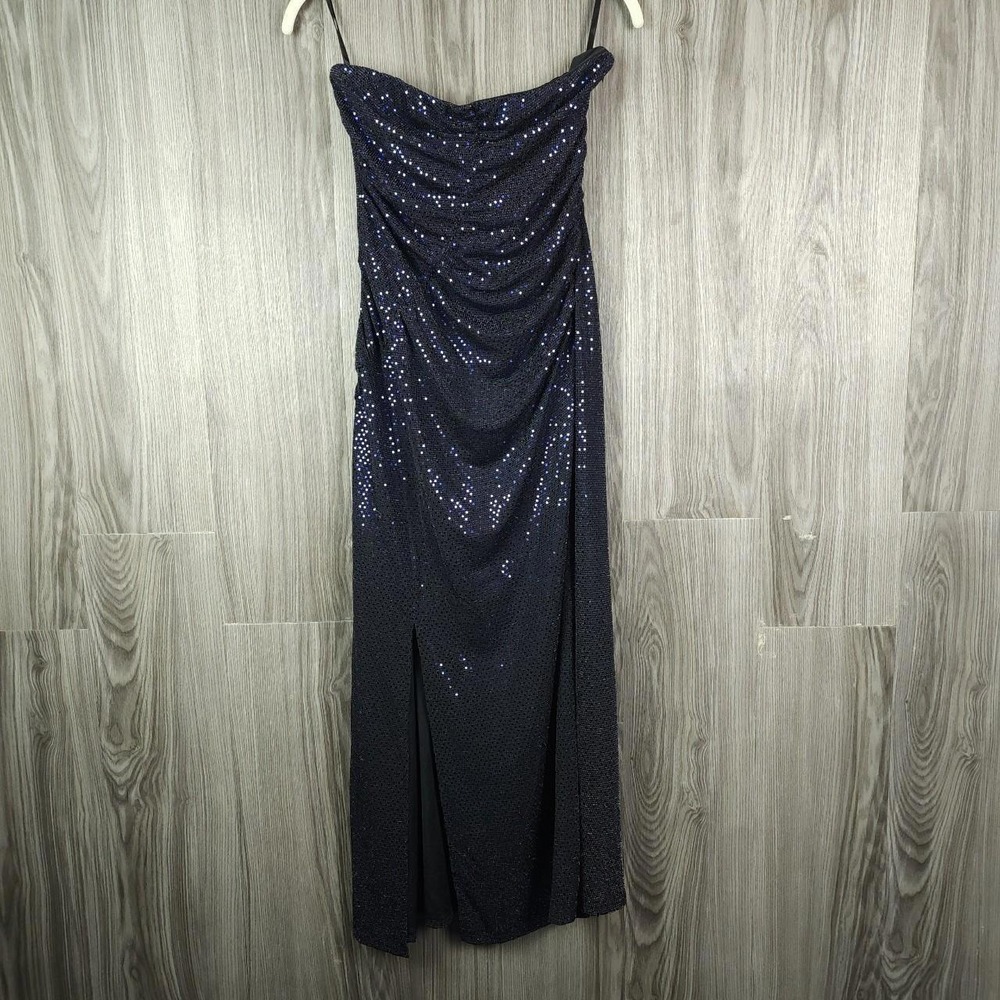 Navy Blue Sequin Strapless Ruched Maxi Dress High Slit Formal Gown Prom Wedding